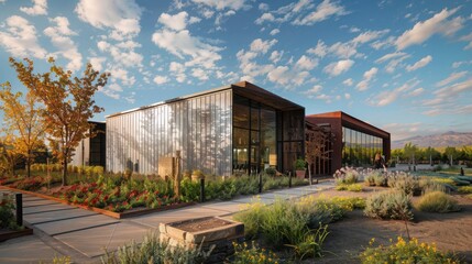 Fototapeta premium panoramic view of a modern vineyard with a visitor center clad in rustic aluminum siding