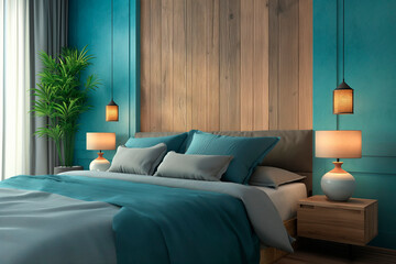 Modern Wooden Bed with Teal Wall Background