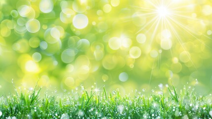 Obraz premium Close-up of dewy green grass under morning sunlight with a dreamy bokeh effect, creating a vibrant and fresh natural scene.