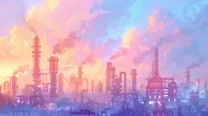 A silhouette of an industrial refinery with tall smokestacks against a soft pastel sunrise background, creating a surreal and serene atmosphere.