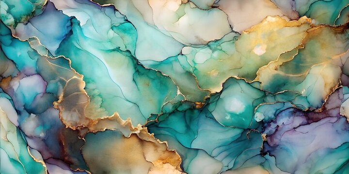 An abstract ink painting featuring swirling hues of turquoise, gold, and lavender
