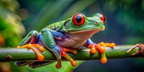 Naklejka premium Vibrant red-eyed tree frog with intricate green skin and yellow stripes sits calmly on a thin branch, gazing left with large expressive eyes.