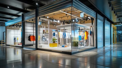 Fototapeta premium pop-up retail store with modular aluminum siding, easy to assemble and disassemble, reflecting the flexibility and adaptability of the material for temporary structures