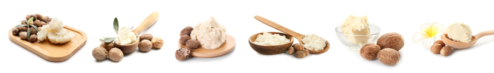 Set of shea butter on white background