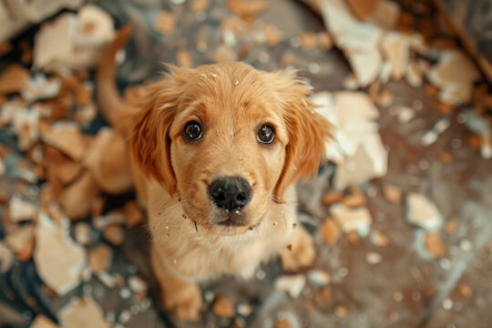 Naughty golden retriever puppy making mess at home. Little dog stay home alone and caused a mess and chaos