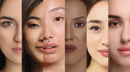 Many beautiful women of different races, banner design. Collage of closeup portraits