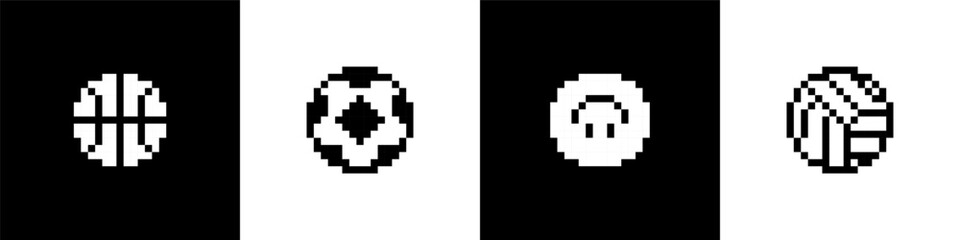 Fototapeta premium Play balls pixel art style set. Soccer, basketball, volleyball. Ball icon collection. Mood of 90's aesthetics. 8-bit retro style pixelated vector illustration. Simple geometric form. Black and white