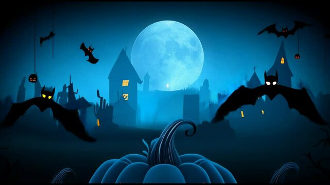 Halloween castle in darkness and gloomy atmosphere. Bats and jack-o'-lantern. Concept: October Day of the Dead celebrations