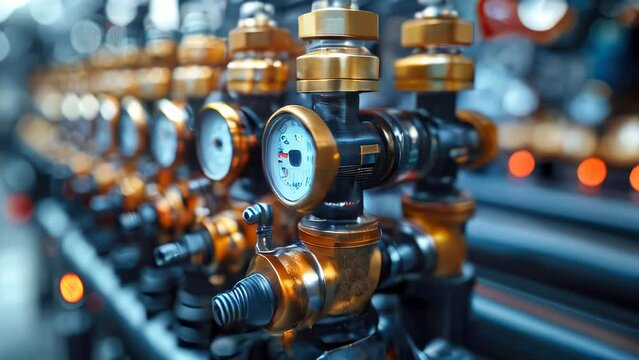 Industrial pressure gauge on pipes in the workshop of an oil and gas processing plant, pressure gauge in boiler room