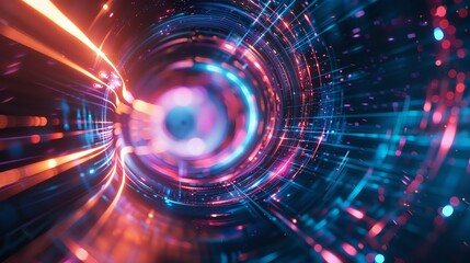 Fototapeta premium Abstract digital tunnel of swirling neon lights and data streams. Concept of technology, cyberspace, speed, and the future.