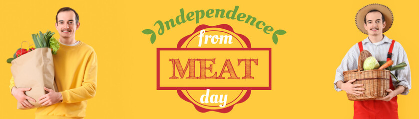 Young farmer with basket of fresh vegetables on yellow background