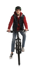 Man in helmet riding bicycle on white background