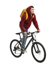 Obraz premium Smiling man with backpack riding bicycle on white background