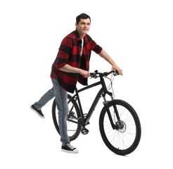 Fototapeta premium Smiling man with bicycle isolated on white