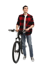 Fototapeta premium Smiling man with bicycle isolated on white