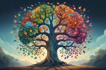 Concept of a human brain tree with mental health, colorful falling leaves symbolizing a different emotion of mental state. 