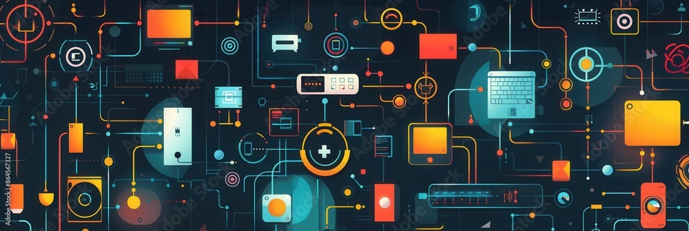 Leinwandbilder an abstract illustration depicting a network of interconnected devices, including routers, modems, a