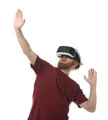 Emotional man using virtual reality headset on white background