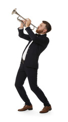 Handsome musician playing trumpet on white background