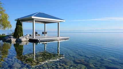 serene lakeside gazebo with aluminum siding, reflecting the clear blue water, showcasing its rust-resistant qualities and serene aesthetic