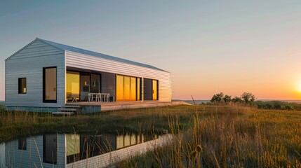 Fototapeta premium serene landscape with a modern house clad in sleek aluminum siding reflecting the sunset