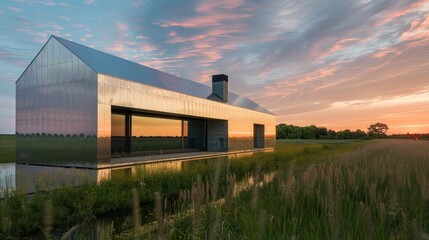 Fototapeta premium serene landscape with a modern house clad in sleek aluminum siding reflecting the sunset