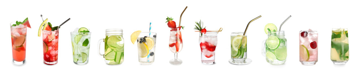 Set of different lemonades on white background