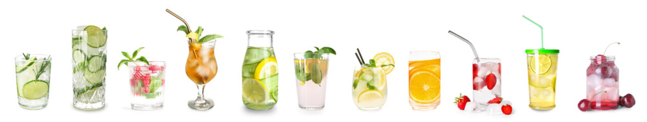 Set of different lemonades on white background