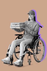 Female courier with pizza boxes sitting in wheelchair on beige background