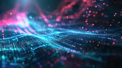 Abstract digital landscape with flowing particles and waves. Concept of big data, artificial intelligence, technology and innovation.