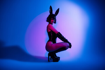 Photo of girl wear black leather rabbit costume overall sit pose profile side isolated blue light...