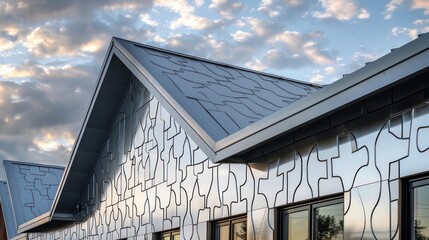 series of interlocking aluminum siding panels on a community center, demonstrating a puzzle-like assembly, emphasizing modularity and ease of construction