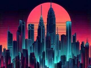 A cityscape of a neon retrowave futuristic city with skyline skyscrapers and towers at sunset