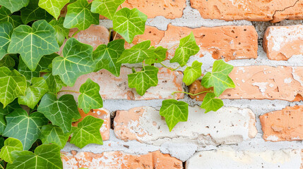 Ivy Plant Climbing on Brick Wall. Lush Green Foliage