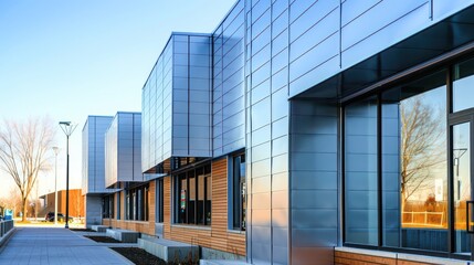 series of interlocking aluminum siding panels on a community center, demonstrating a puzzle-like assembly, emphasizing modularity and ease of construction