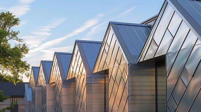 series of interlocking aluminum siding panels on a community center, demonstrating a puzzle-like assembly, emphasizing modularity and ease of construction