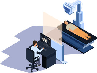 isometric x-ray examination of a patient by a doctor, vector illustration