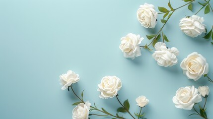 Fototapeta premium Feminine wedding desktop mockup with white roses on blue background