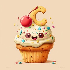 Cute cartoon cupcake with a cherry on top and the letter "C" on the side.  The cupcake is smiling and surrounded by sprinkles.