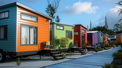 Fototapeta premium series of tiny homes in a community, each featuring colorful aluminum siding, focusing on sustainable living and modern aesthetics