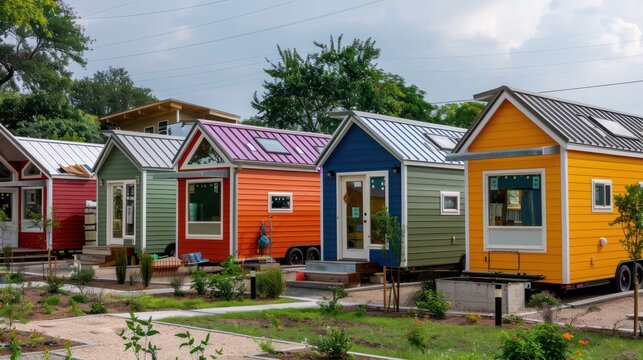 series of tiny homes in a community, each featuring colorful aluminum siding, focusing on sustainable living and modern aesthetics