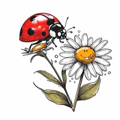 A ladybug perches on a daisy with a smiling face. The flower is white with a yellow center.  The image is created in a cartoon style.