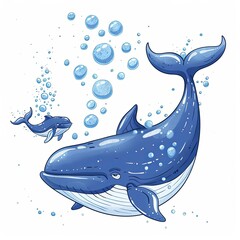 A mother whale and her calf swim together, surrounded by bubbles.  The ocean scene is drawn in a whimsical, cartoon style.