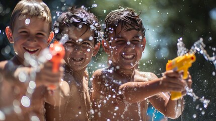 Water pistol fight. Children playing with water