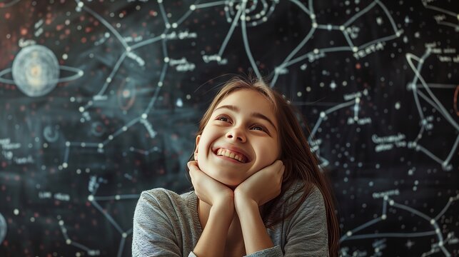 A young astronomer beams with pride as she presents her intricate star maps and calculations on a blackboard.