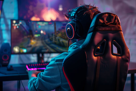 Gamer Plays Video Game On Computer In A Dark Room With Red And Blue Lights