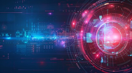 Obraz premium Futuristic Technology Background with Abstract Digital Circle, Circuit Board, and Glowing Lines. Concept for Cybersecurity, Big Data, Artificial Intelligence, and Innovation.