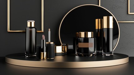 Elegant black and gold cosmetic products display scene