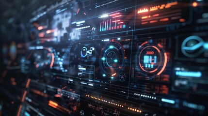 Obraz premium Futuristic Technology Abstract Background with HUD interface, digital data analysis, charts, graphs and grid. Concept of big data, cybersecurity, artificial intelligence and machine learning
