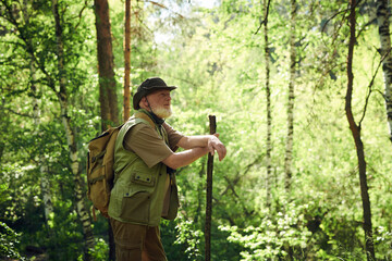 Naklejka premium Side view shot of mature male traveler standing relaxed with wooden stick enjoying spending summer day in forest